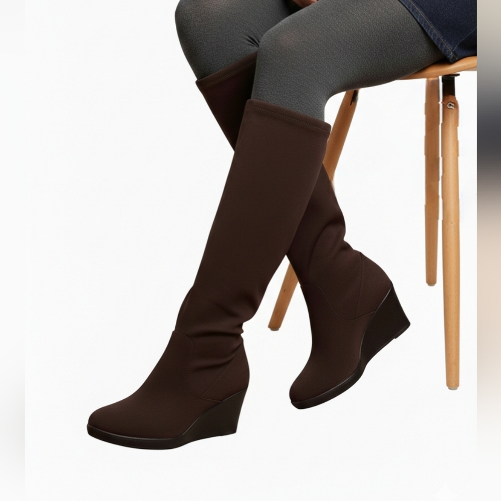 Donald J. Pliner Women's Dark Brown Knee High Pull On Rubber Wedge Boots Size 5M